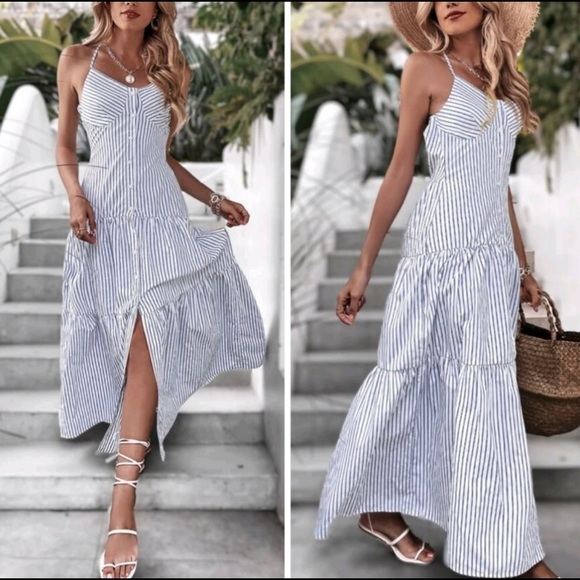 Boho Tiered Maxi Dress Small Ruffle Strappy Back Button Up Blue White Sun Dress - Picture 2 of 7